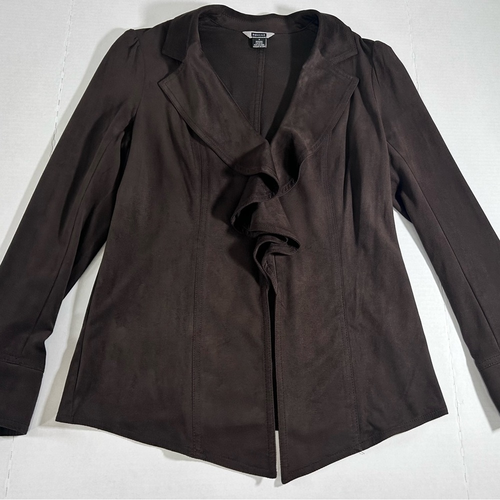Ruffled Blazer Jacket Layer Top Dark Brown Soft Draping Retro